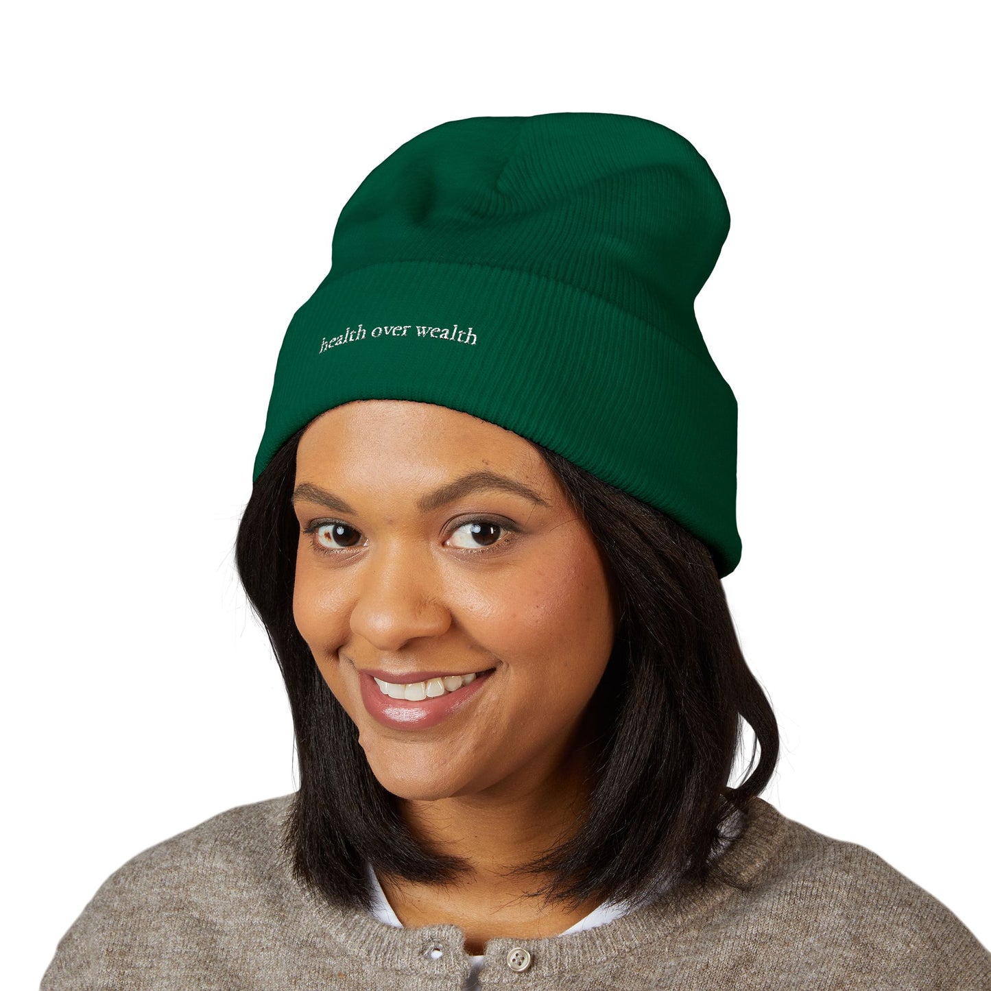 Health Over Wealth Embroidered Beanie